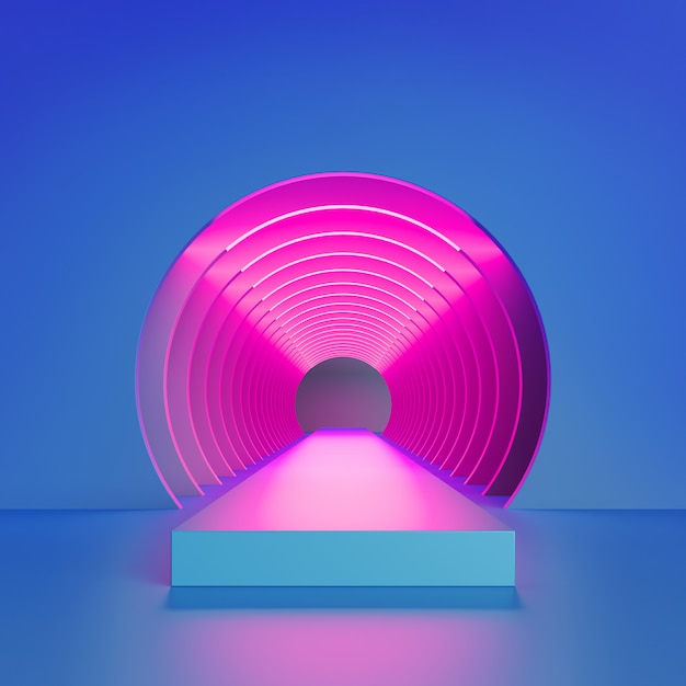 3d render of abstract neon light inside round tunnel