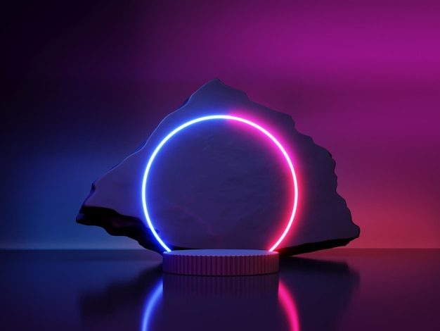 3D-рендер абстрактного неонового подиума с светящимися геометрическими формами