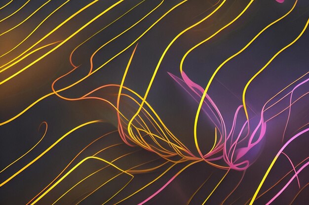 Foto rendering 3d carta da parati al neon astratto linee luminose su sfondo nero traiettoria di disegno luminoso