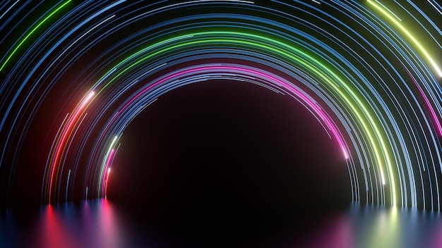 Photo 3d render abstract neon wallpaper glowing round arch over the black background
