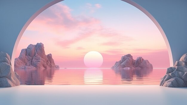 3d render abstract panoramic background fantastic landscape with water rocks mirror generative ai