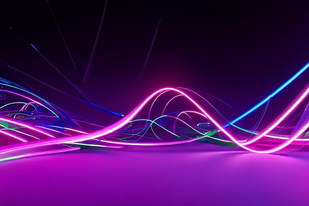 3d render abstract panoramic background with glowing neon waves ultraviolet light equalizer chart laser show impulse pulse power lines