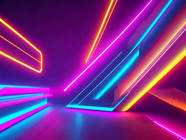 3d render abstract panoramic background with neon lines glowing