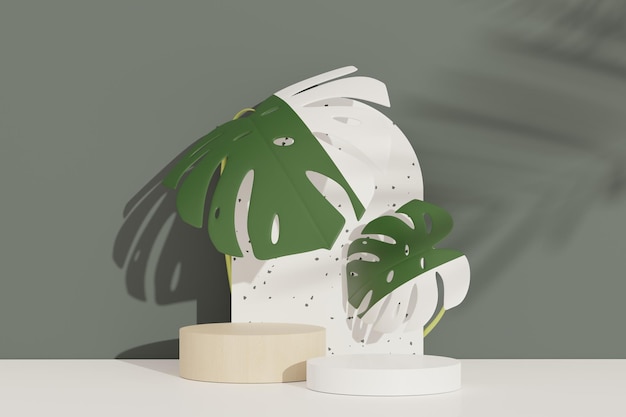 テラゾとモンステラの葉を使用した抽象的な台座表彰台ディスプレイの3Dレンダリング。広告のための製品とプロモーションのコンセプト。緑の自然な背景。
