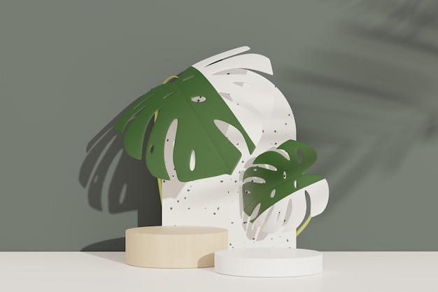 Photo 3d render of abstract pedestal podium display with terrazzo and monstera leaves. product and promotion concept for advertising. green natural background.