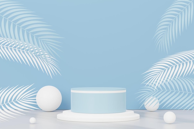 3d render of abstract pedestal podium display with Tropical leaves and Blue pastel plant scene. Product and promotion concept for advertising. Blue pastel natural background.