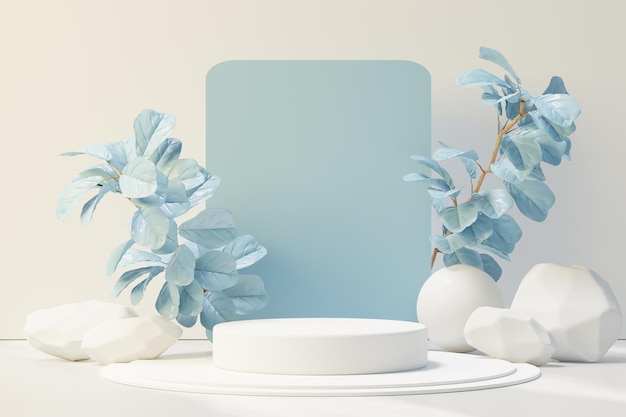 Rendering 3d del podio con piedistallo astratto con foglie tropicali e scena di piante pastello blu. prodotto e concetto di promozione per la pubblicità. sfondo naturale pastello blu.