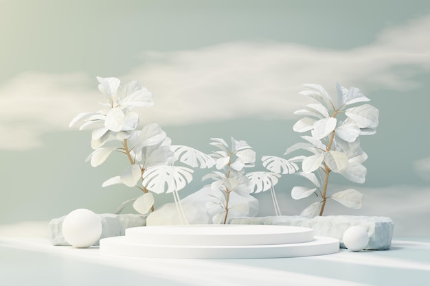 3d render of abstract pedestal podium display with Tropical leaves and Blue sky clouds pastel and plant scene. Product and promotion concept for advertising. Blue pastel natural background.