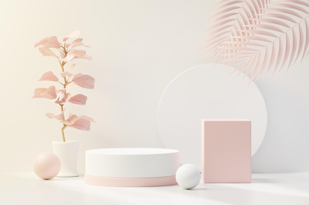 3d render of abstract pedestal podium display with Tropical leaves and coral pink pastel plant scene. Product and promotion concept for advertising. Blue pastel natural background.