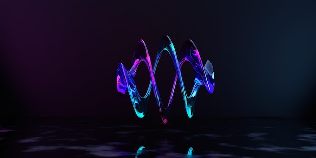 Photo 3d render abstract pink blue curvy glass ribbon and reflection on the ground .