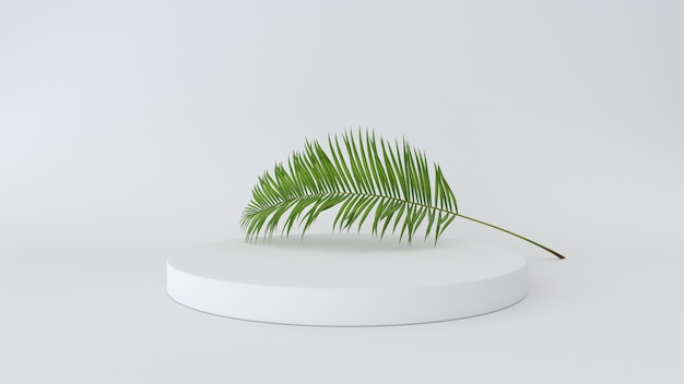 3D render of abstract platform with palm leave. Geometric figures in modern minimal design.