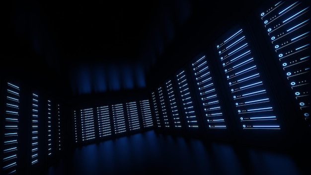 3D render, Abstract server room, data center, glowing servers at dark room