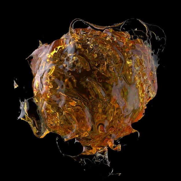 液体で作られた抽象的な形の3Dレンダリング。コンピューターでシミュレートされた液体の挙動。暗い背景に光沢のある流体の形。