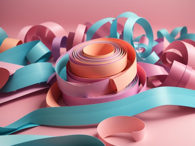 Photo 3d render abstract shapes with paper ribbon rolls in a fantastic formation