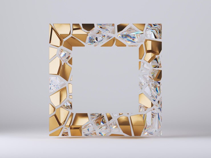 Photo 3d render abstract square frame split into crystal and gold mosaic pieces