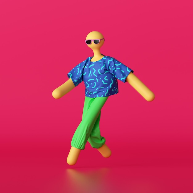 3D render abstract stripfiguur met kleurrijke kleding en zonnebril