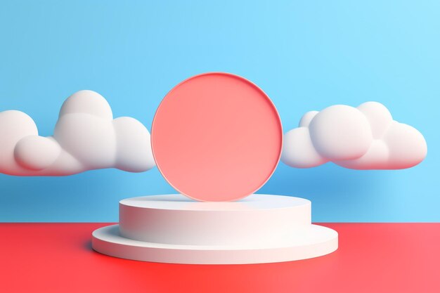 3d render abstract sunny red background with white clouds and blue round hole