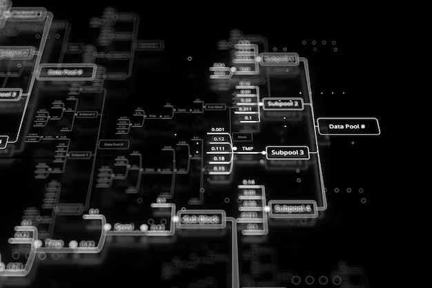 3D визуализация абстрактного фона технологии. Иллюстрация концепции больших данных. Десятичные дроби связаны в аналитическом графе.