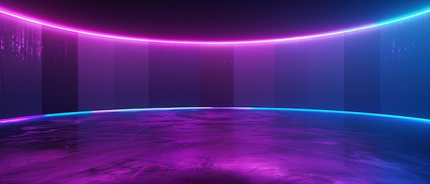 Абстрактный фиолетово-голубой неоновый фон Темная пустая комната с светящимся полом Пустая ледовая площадка