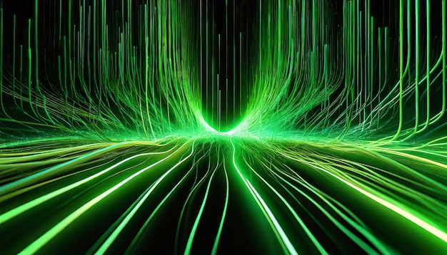 Photo 3d render abstract wallpaper green neon lines over black background streaming energy particles falli...