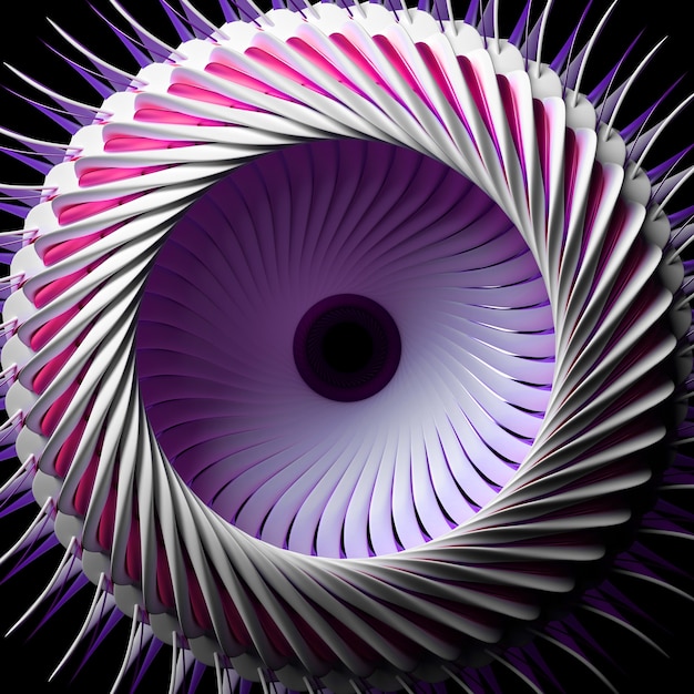 Rendering 3d di astratto con motore a reazione in ceramica turbina surreale con parti metalliche viola sul nero