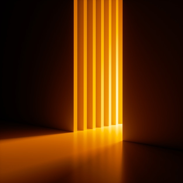 3D render, abstracte achtergrond, helder geel neonlicht dat uit de strakke verticale sleuf in de muur schijnt.