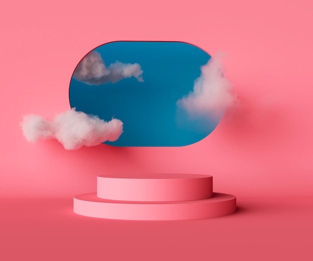 Foto 3d render, abstracte achtergrond met blauwe lucht in het raam op de roze muur. witte wolken vliegen de kamer binnen met een leeg podium. leeg showcasemodel met leeg rond podium