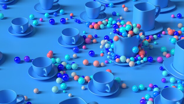 3D render abstracte achtergrond met kopjes. Kleurrijke bollen springen uit een lege beker. Leuke en positieve achtergrond.