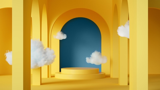 3D render abstracte achtergrond met wolken vliegen in de gele kamer met blauwe boog