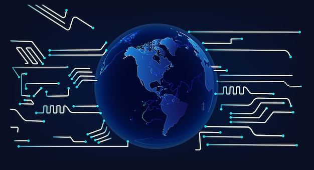 3d render abstracte blauwe aarde met microchipontwerp op een donkerblauwe achtergrond