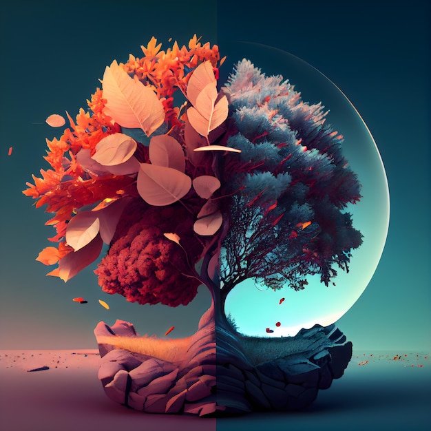 3D render abstracte boom in de vorm van een planeet met herfstbladeren