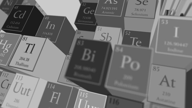 Foto 3d render abstracte chemische achtergrond. periodiek systeem der elementen. het tafelfragment van mendelejev.