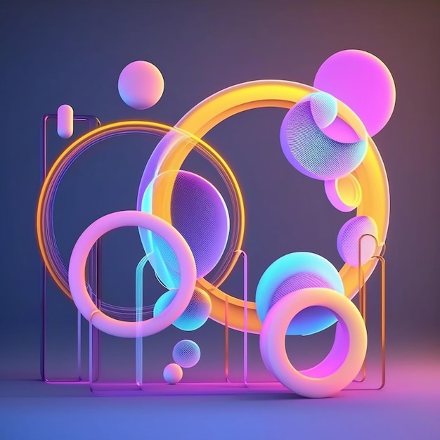 3D render abstracte geometrische achtergrond Neon ringen gloeiende bubbels Roze blauw geel gloeien