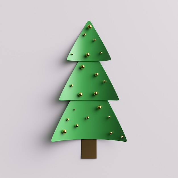 3D render abstracte kerstboom achtergrond. Eenvoudige kerstboom met metalen glanzende ballen.