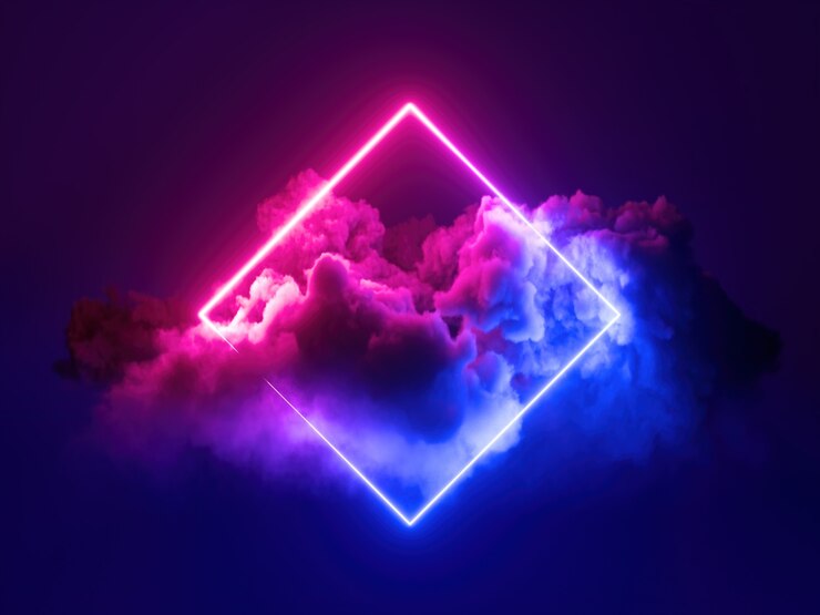 Foto 3d render, abstracte minimale achtergrond, roze blauw neonlicht vierkant frame