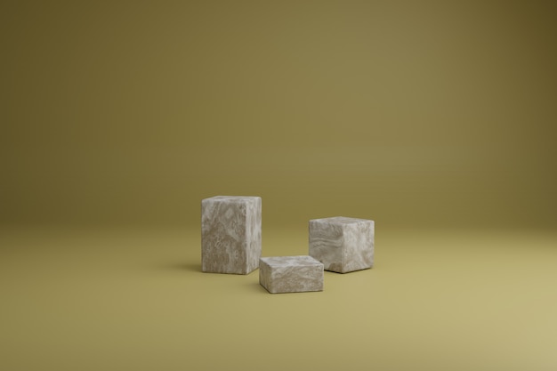 3D render abstracte minimale scène met bruine houten kubusvormen op een gele achtergrond Lege showcase