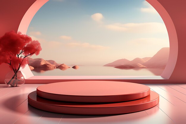 3D render abstracte minimale scène met roze podium en palmbladeren schaduw