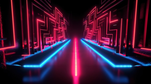 3D render abstracte panoramische rood blauw roze neon achtergrond met pijlen Generatieve Ai