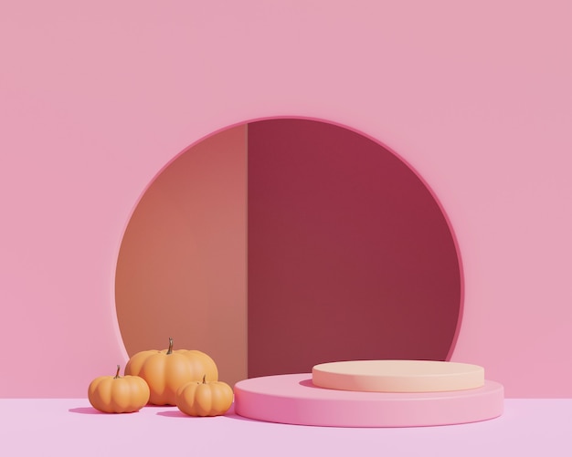 3D render, abstracte roze achtergrond met geometrische vorm podium voor product. Minimaal concept. Halloween pompoenen op roze achtergrond