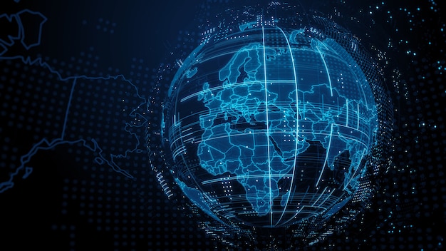 3D render abstracte wereldbol met gedetailleerde texturen. Veel deeltjes. Landengrenzen zijn zichtbaar. Digitaal technologieconcept.