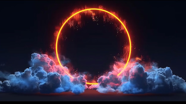 3d render abstracte wolk verlicht met neon licht ring op donkere nachtelijke hemel Generatieve AI