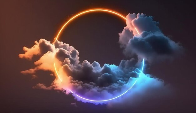 Foto 3d render abstracte wolk verlicht met neon licht ring op donkere nachtelijke hemel met gegenereerde ai