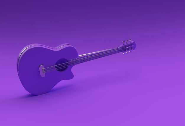 青の背景に3Dレンダリングアコースティックギター3Dイラストデザイン。