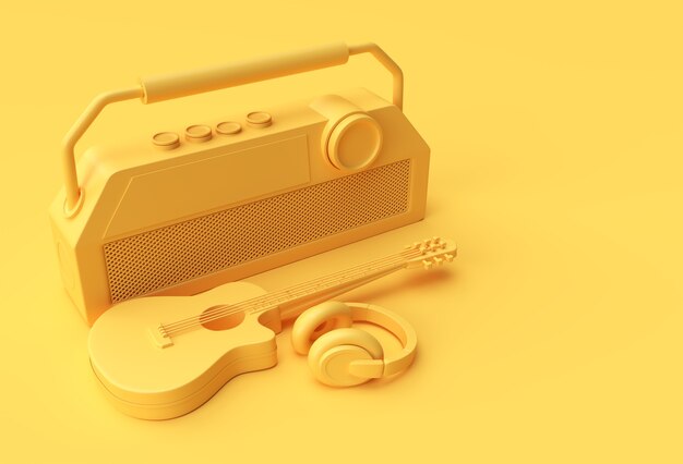 3D Render Acoustic Guitar Music headphone with old vintage retro style radio 3d illustration Design.