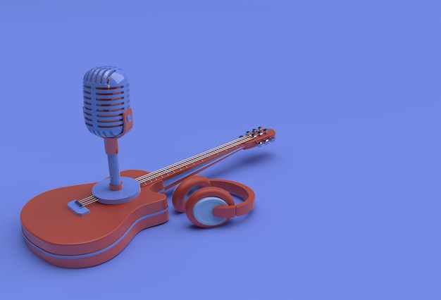 音楽マイクとヘッドフォンの3Dイラストデザインを備えた3Dレンダリングアコースティックギター。