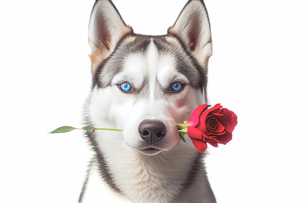 흰색 배경에 입에 빨간 장미를 들고 시베리안 허스키 강아지의 3D 렌더링 사랑스러운 근접 촬영