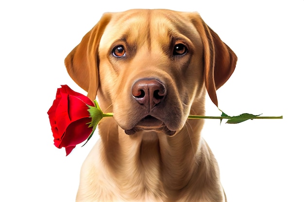 3D render adorable of a Golden Retriever dog holding red rose in mouth isolate white background