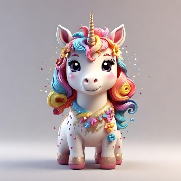 Foto rendering 3d adorabile unicorno arcobaleno con scintille