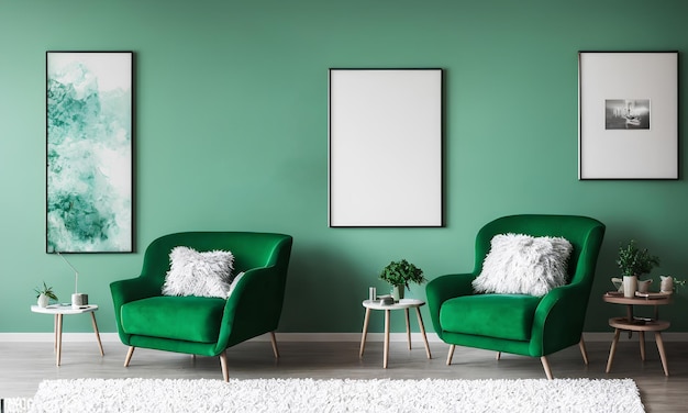 3D render afbeelding mock up verlichte wissellijst in moderne interieur achtergrond met groene fauteuil