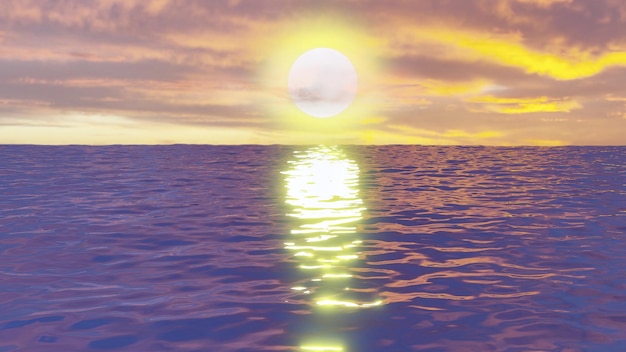 3D render afbeelding van zonsopgang op zee met weerspiegeling in het water